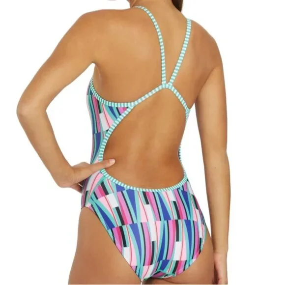 SIZE 28 Dolohin Uglies String Back Geometric Print Pink Green One Piece Swimsuit - Picture 4 of 8